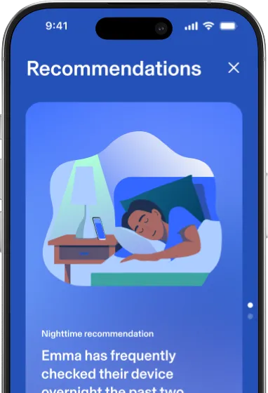 Aura Parental Controls UI: “Recommendations” tab: Nighttime recommendation, Emma has frequently checked their device…”

